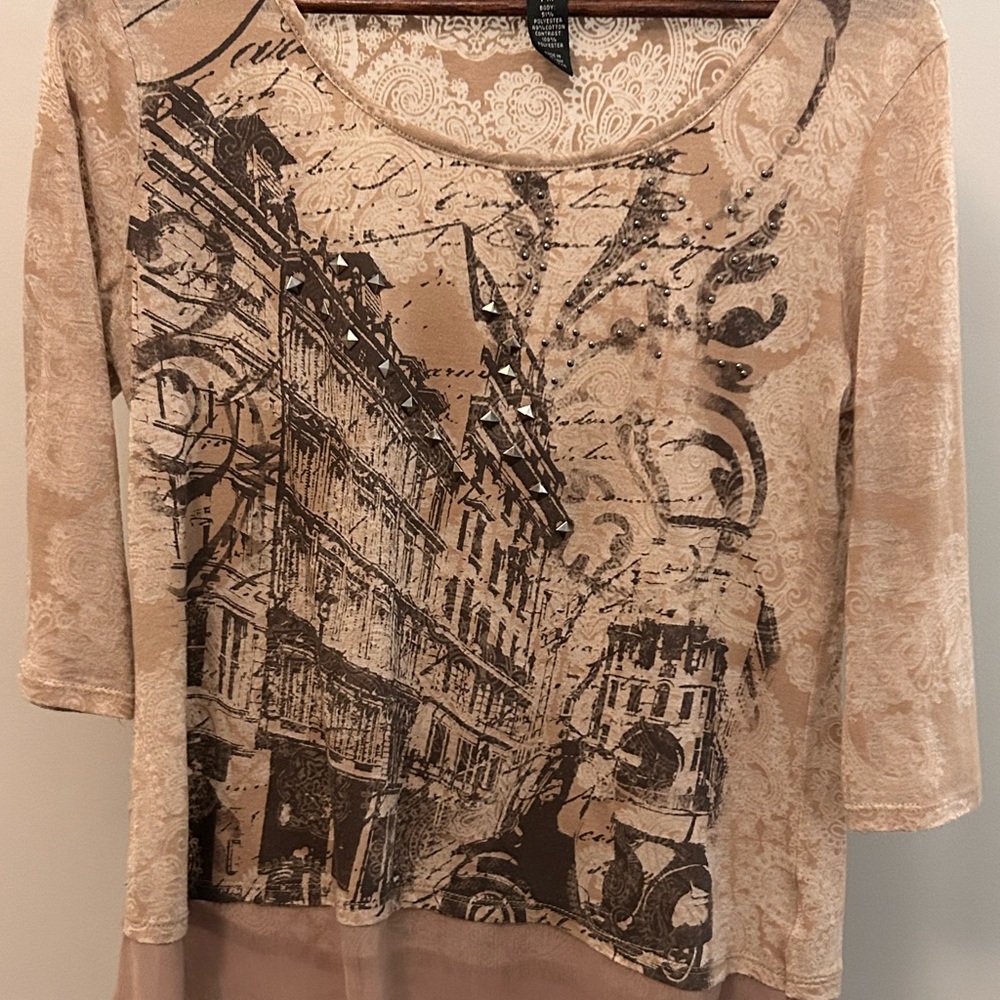 Style & Co. Beige and Brown Graphic Print Blouse